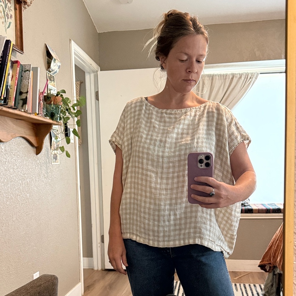notPERFECTLINEN Sand Gingham Florence Boxy Blouse